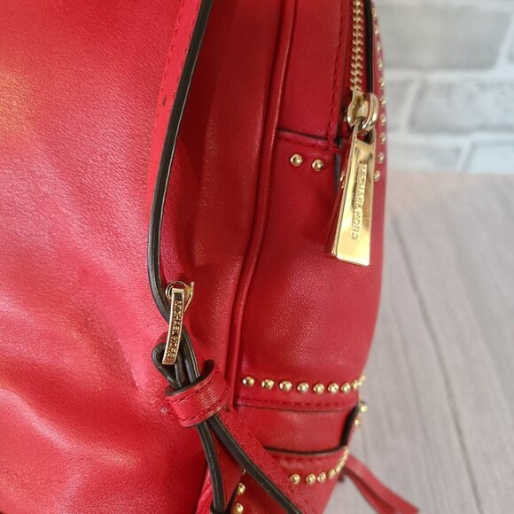 Michael Kors Rhea MD Studded Messenger Backpack Red Rose Motif Leather - Picture 11 of 12